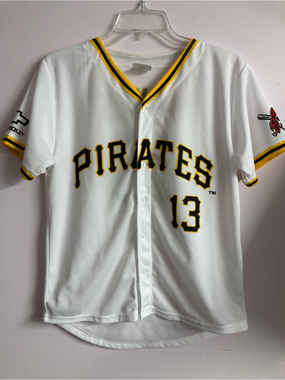 Pittsburgh Pirates Youth XL Baseball Jersey Hayes #13, White/Black/Yellow
